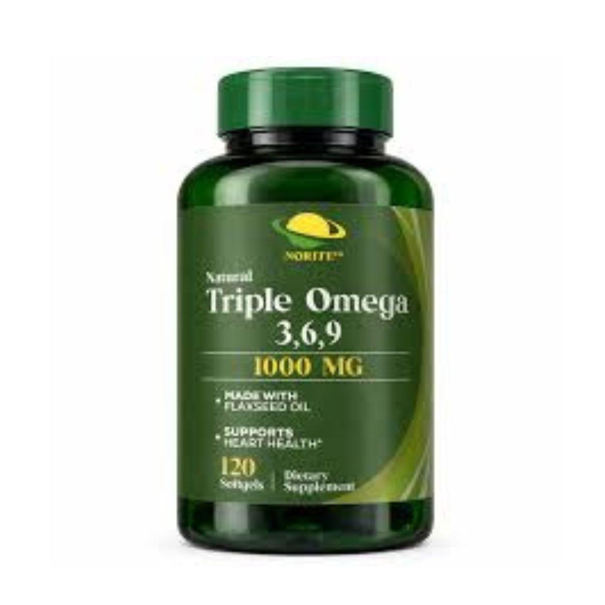 NORITE Natural Triple Omega 3,6,9 1000mg Softgels, 120 softgels, in original branded packaging. Triple omega fatty acid food supplement providing Omega-3, Omega-6 and Omega-9 to support heart health, brain function, eye health and overall wellbeing. Available from Asset Pharmacy, a trusted PCN-registered pharmacy in Nigeria.