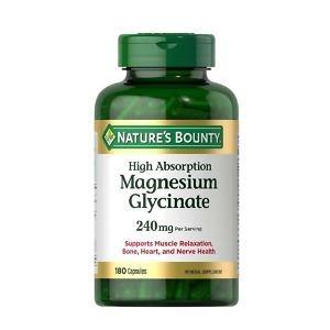 Nature's Bounty Magnesium Glycinate 240mg Capsules, 180 capsules, in original branded packaging. High-strength magnesium glycinate food supplement formulated to support normal muscle function, nervous system function, energy release, psychological function, and bone health. Available from Asset Pharmacy, a trusted PCN-registered pharmacy in Nigeria.