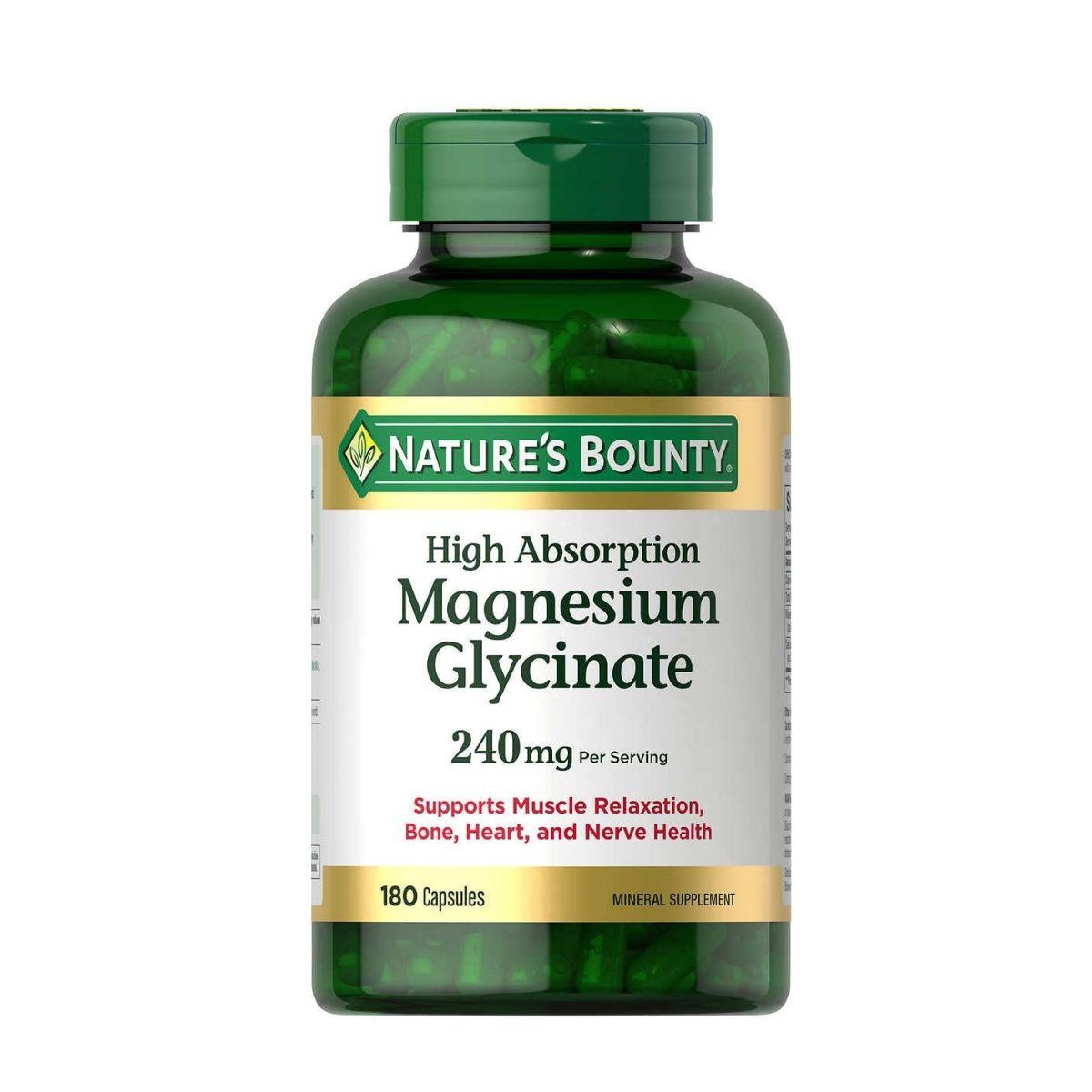 Nature's Bounty Magnesium Glycinate 240mg Capsules, 180 capsules, in original branded packaging. High-strength magnesium glycinate food supplement formulated to support normal muscle function, nervous system function, energy release, psychological function, and bone health. Available from Asset Pharmacy, a trusted PCN-registered pharmacy in Nigeria.