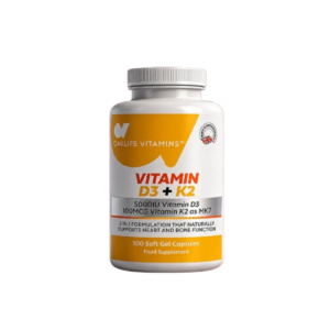 Oaklife Vitamin D3 and K2 Soft Gel Capsules, 100 capsules, a nutritional supplement combining vitamin D3 and vitamin K2 to help maintain healthy bones, support calcium utilisation and contribute to normal immune system function.