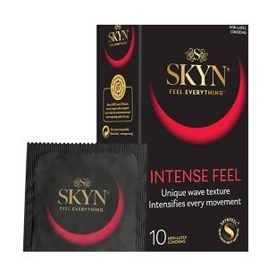 SKYN Feel Everything Intense Feel Condoms, pack of 10, in original branded packaging. Premium non-latex polyisoprene condoms designed to enhance sensitivity and provide a natural skin-to-skin feel while helping protect against pregnancy and sexually transmitted infections (STIs). Available from Asset Pharmacy
