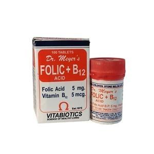 Dr Meyers Folic And B12 Tablets 100 Tablets folic acid and vitamin B12 food supplement formulated to support red blood cell formation healthy nervous system function energy metabolism pregnancy nutritional support and overall wellbeing, original Dr Meyers Folic And B12 Tablets available from Asset Pharmacy