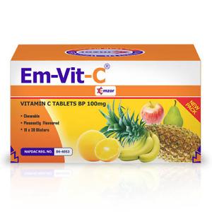 Emvit-C Chewable Vitamin C 100mg chewable vitamin C tablets formulated to support normal immune system function collagen formation antioxidant protection healthy skin wound healing and overall wellbeing, original Emvit-C Chewable Vitamin C 100mg available from Asset Pharmacy